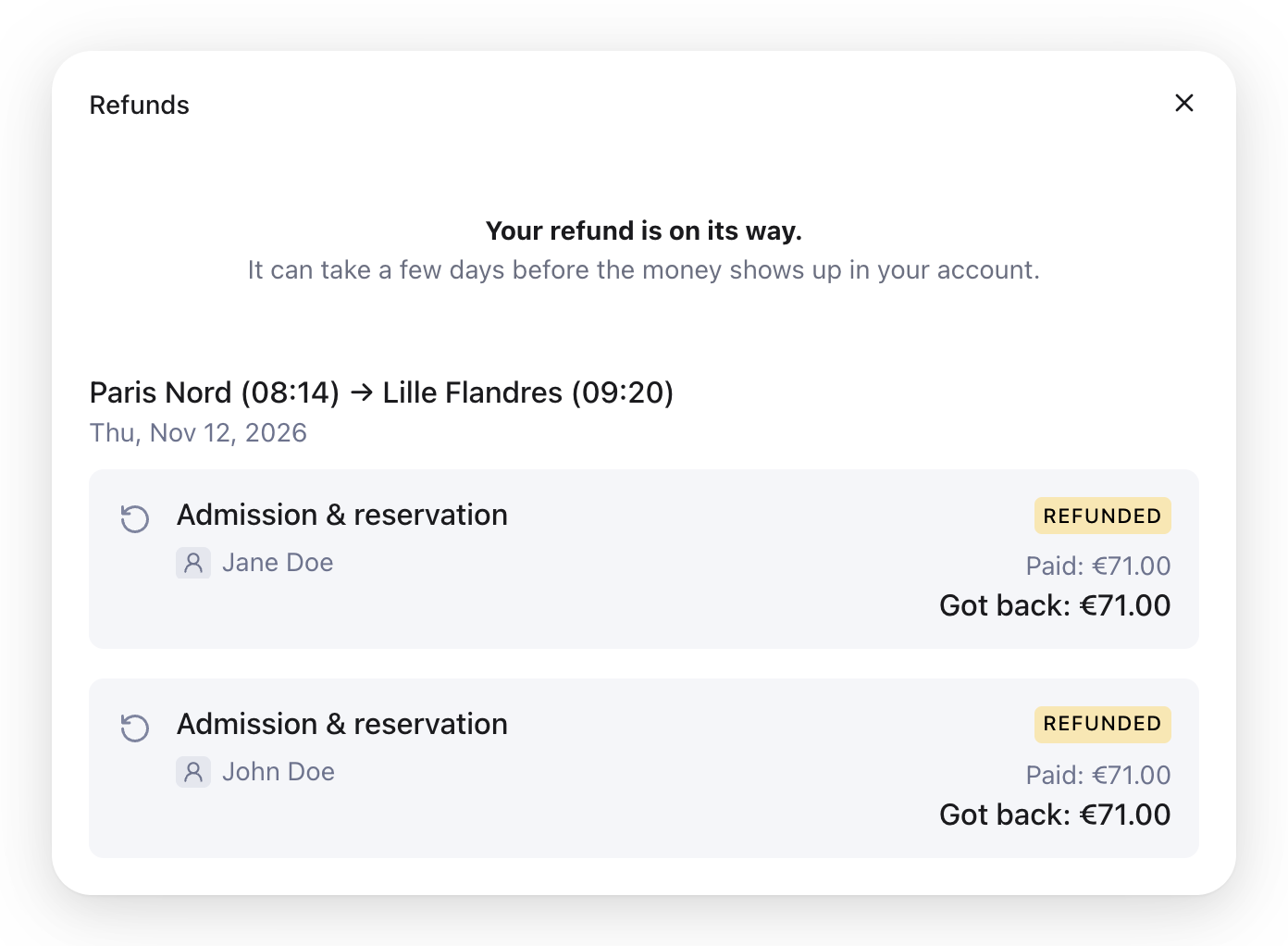 The Refund Manager showing a success message above both refunded items